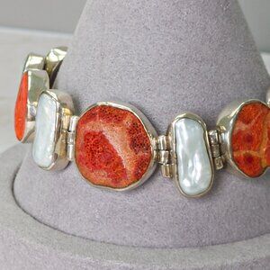 Sterling Silver Coral & Pearl Link Bracelet – Adjustable 7.75"–8.5" – Artisan